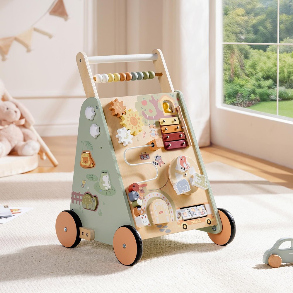 ROBUD Wooden Baby Push Walker, Forest Theme Learning Walking Toys, Adjustable Height Baby Walker with Decelerator, Montessori Toys for Baby Age 10 Months+, WRP37