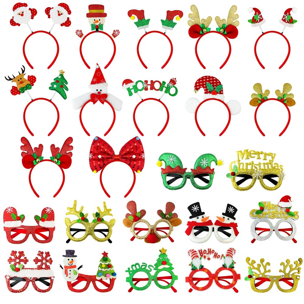 Christmas Party Favors Supplies 24 Pack - Glitter Glasses & Headband Set, Funny Holiday Party Decorations Photo Props, Xmas Costume Eyeglasses Frame & Headwear Accessories Goodie Bag Stocking Stuffers