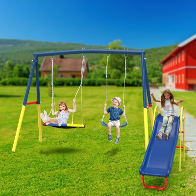 3-in-1 Heavy-Duty Metal Swing Set with Slide for Backyard  32" Saucer Swing, Belt Swing Seats & Adjustable Ropes  Outdoor Playset for Kids Ages 3-12