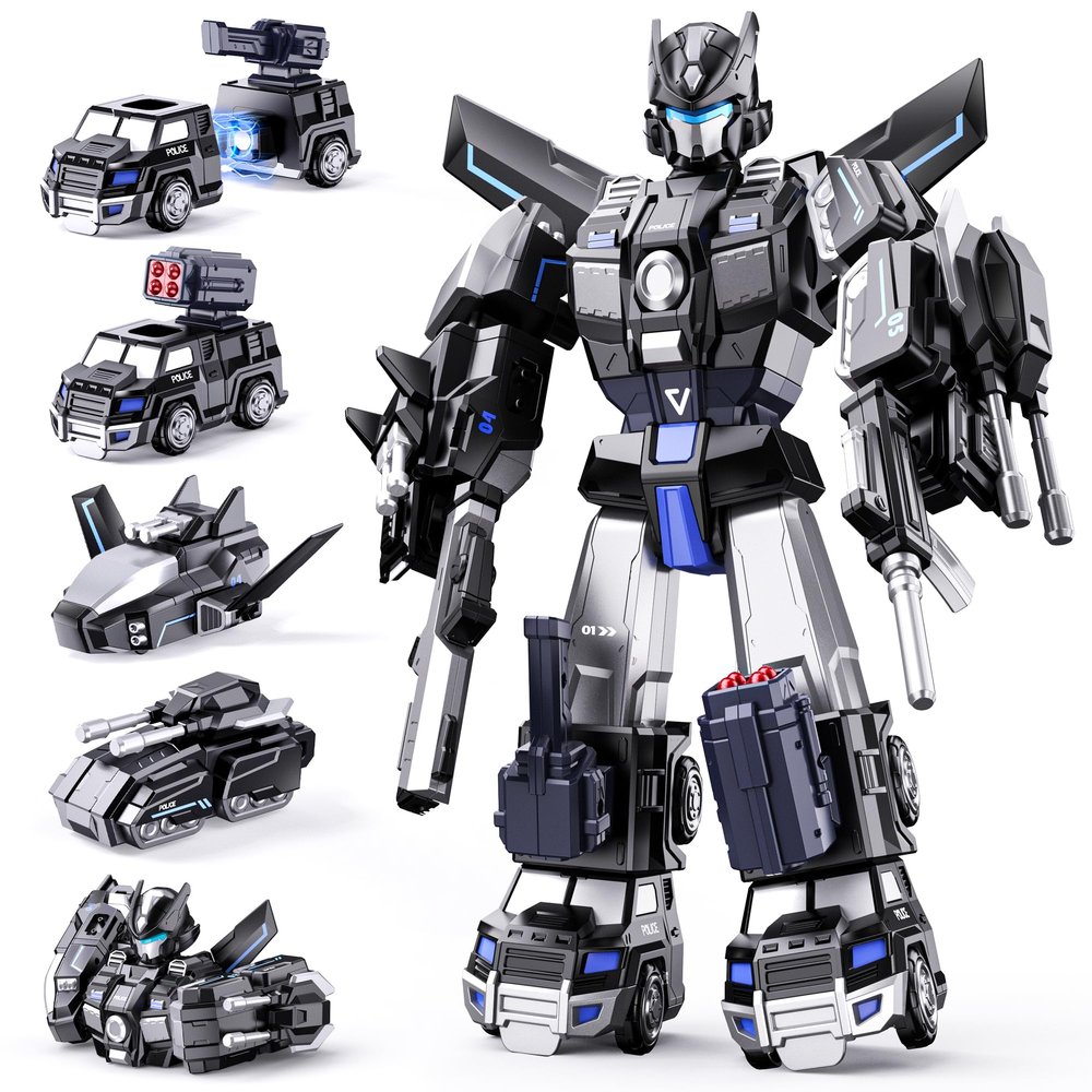5 in 1 Magnetic Transform Police Trucks Robot Toys Gifts for 3 4 5 6 Year Old Boys Kids, Easy DIY Assembly, Ideals 3 4 5 6 Year Old Boy Birthday Gift Toys, Magnetic Transform Trucks Toy for Boys