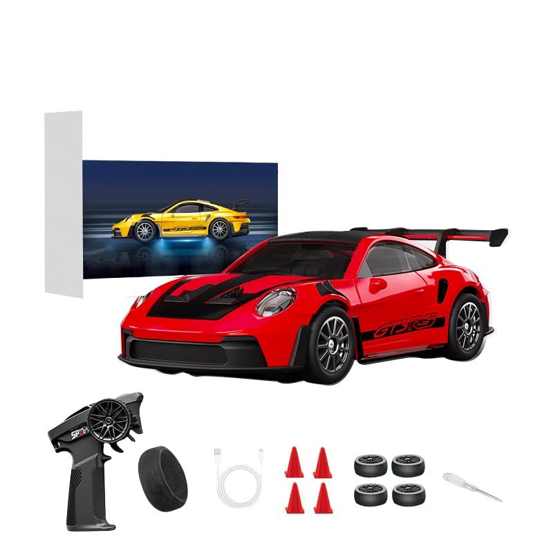 funnyndiy 1/43 Scale Alloy RC Drift Car with Adjustable Gyroscope, 2.4G 4WD 2 Driving Modes RC Racing Car with LED Lights, Desk Racer Model for Hobbyist
