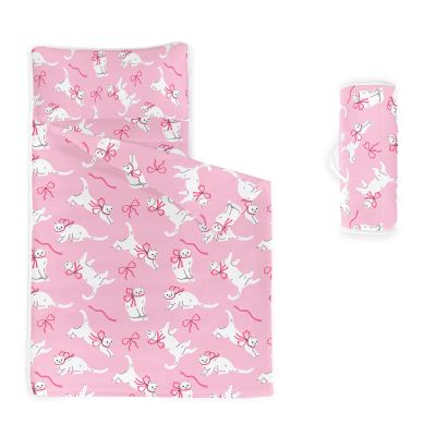 Axolotl Cartoon Cat Animals Nap Mat with Pillow and Blanket, Cute White Cat Sleep Mat for Teens, Kawaii Bow Sleeping Bag, Romantic Pet Cats Bowknot Slumber Bag for Outdoor Camping, 50" L*21" W