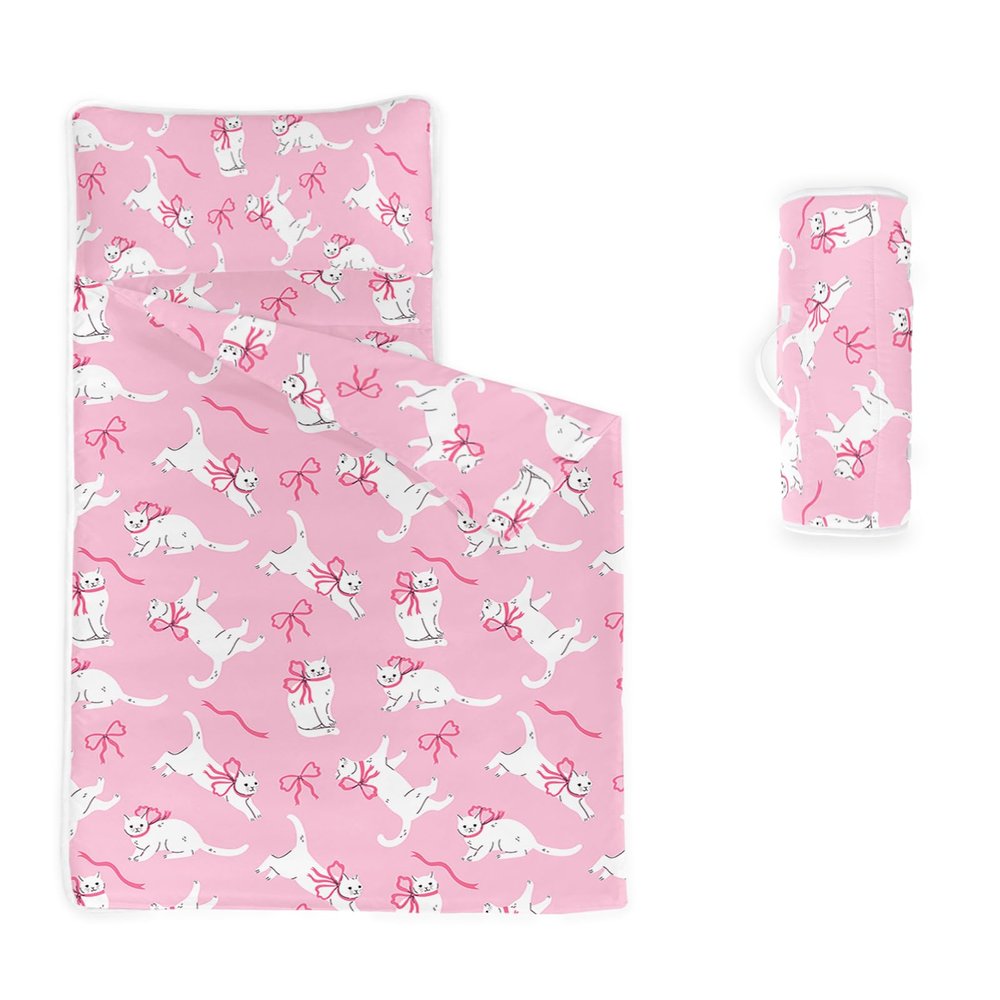 Axolotl Cartoon Cat Animals Nap Mat with Pillow and Blanket, Cute White Cat Sleep Mat for Teens, Kawaii Bow Sleeping Bag, Romantic Pet Cats Bowknot Slumber Bag for Outdoor Camping, 50" L*21" W