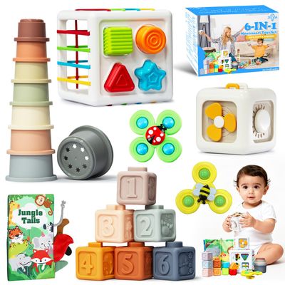 6 in 1 montessori baby toys for 6-36 months old-incl Busy Cube,stacking cups,Shape Sorting Bin,baby blocks,crinkle books, suction cups spinners,Sorting Learning Sensory Toys Gift for Babies Aged 1-3