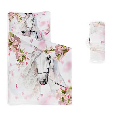 Axolotl Cute Horse Nap Mat with Pillow and Blanket, Chic Pink Floral Slumber Bag, White Horse and Romantic Flowers Sleep Mat, Watercolor Farmhouse Animal Roll up Sleeping Bag, 50" L*21" W