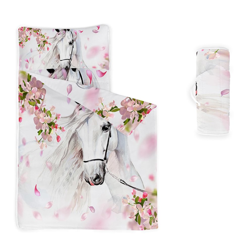 Axolotl Cute Horse Nap Mat with Pillow and Blanket, Chic Pink Floral Slumber Bag, White Horse and Romantic Flowers Sleep Mat, Watercolor Farmhouse Animal Roll up Sleeping Bag, 50" L*21" W