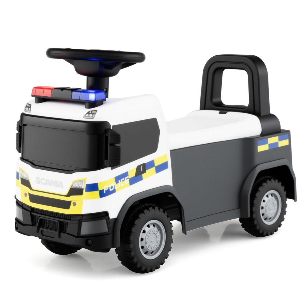 Licensed Scania Ride on Push Police Car by OLAKIDS, Toddler Sliding Walker with Siren Start-up Sound Under Seat Storage, Kids Foot-to-Floor Toys with Horn Lights Music for Boys Girls (White)