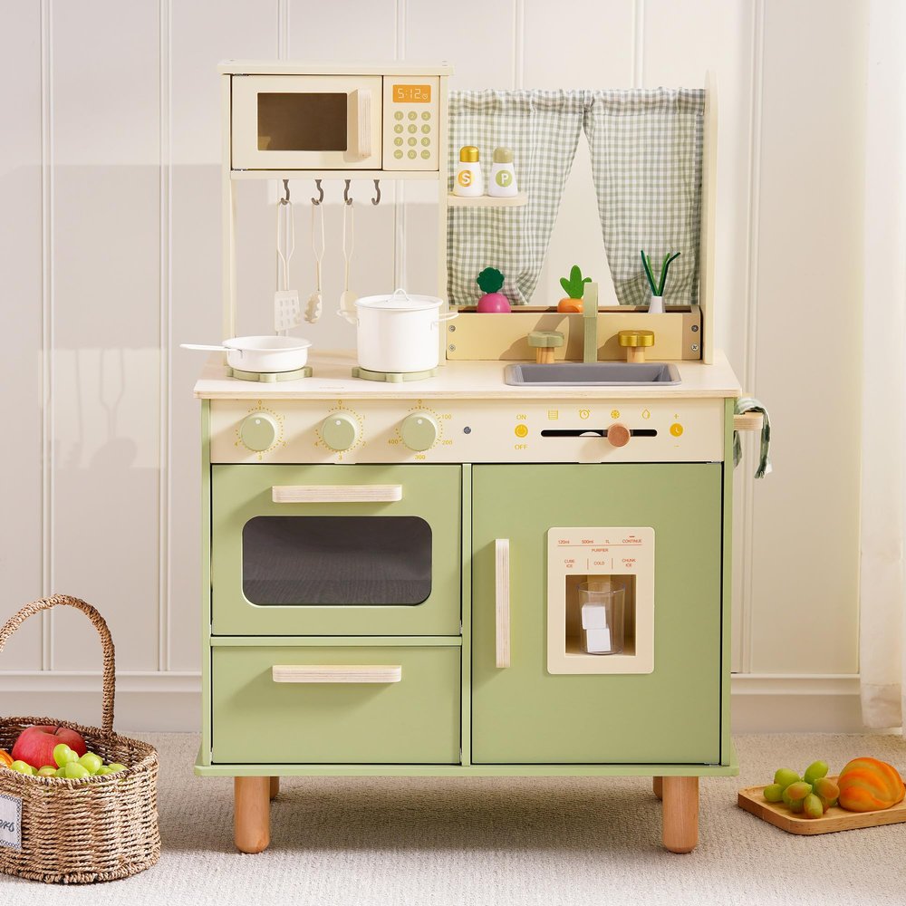 ROBUD Wooden Play Kitchen Set, Pretend Play Kitchen for Kids, Toy Kitchen with Microwave, Sink, Stove and Ice Maker, Toddlers Kitchen Playset Gift for Boys Girls, 3+ (Green)