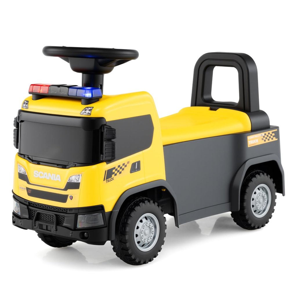 Licensed Scania Ride on Push Car by OLAKIDS, Toddler Sliding Walker with Siren Start-up Sound Under Seat Storage, Kids Foot-to-Floor Toys with Horn Lights Music for Boys Girls (Yellow)