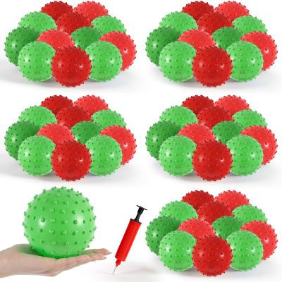 Junkin 100 Pack Knobby Balls Bulk 5.5" Soft Bouncy Ball Bulk for Toddlers Sensory Toy with Air Pump Plastic Inflatable Spiky Massage Stress Fidget Toy for Playground School Party Play(Christmas Color)