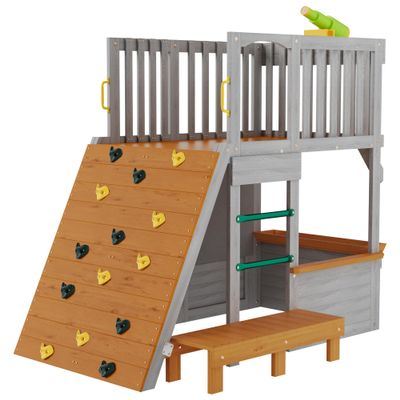 Cedar Wooden Outdoor Playhouse for Kids Age 3-8, Solid 2-Tier Playground for Backyard with Climbing Frame, Door, Windows, Picnic Bench, Childrens Toy Binoculars, Sandbox and Ladder (US Shipping)