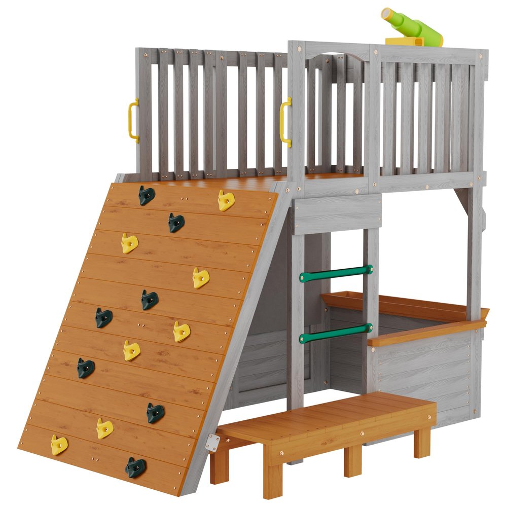 Cedar Wooden Outdoor Playhouse for Kids Age 3-8, Solid 2-Tier Playground for Backyard with Climbing Frame, Door, Windows, Picnic Bench, Childrens Toy Binoculars, Sandbox and Ladder (US Shipping)