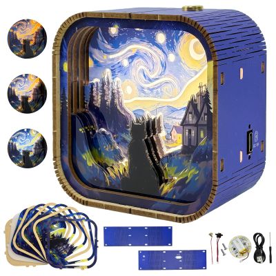 3D Wooden Puzzle Night Light DIY LED Art Lamp Kit for Adults Desk Decor Relaxing Craft Project Table Ornament and Unique Gift (Starry Cat)