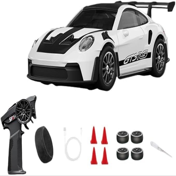 funnyndiy 1/43 Scale Alloy RC Drift Car with Adjustable Gyroscope, 2.4G 4WD 2 Driving Modes RC Racing Car with LED Lights, Desk Racer Model for Hobbyist