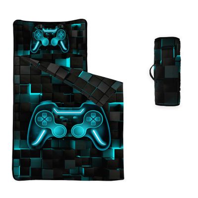 Axolotl Gaming Kids Nap Mat for Boys,Teal Grid Square Slumber Bag with Pillow and Blanket,Video Game Console Sleep Mat,Abstract Geometry Gaming Portable Roll Up Sleeping Bag for Traveling,50" L*21" W