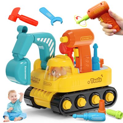Lechonix Toddler Tool SetExcavator Take Apart Toys with Electric Drill & Screwdriver & Wrench, Montessori STEM Learning Pretend Construction Toy for 1-6 Years Old Kids Birthday Gift, Musical & Light