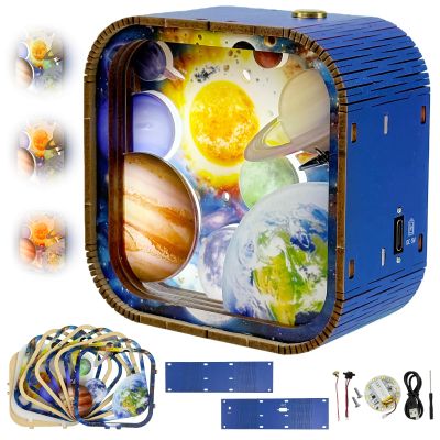 3D Wooden Puzzle Night Light DIY LED Wooden Lamp Kit for Adults Desk Decor Educational Art Project Table Ornament and Unique Gift (Solar System)
