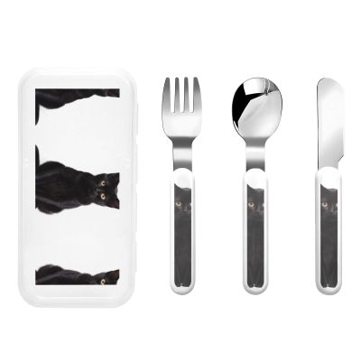 Good little black cat Kids Knife, Fork and Spoon 3-Piece Set, Stainless Steel Safe Cutlery Set, Outdoor Portable Reusable Cutlery
