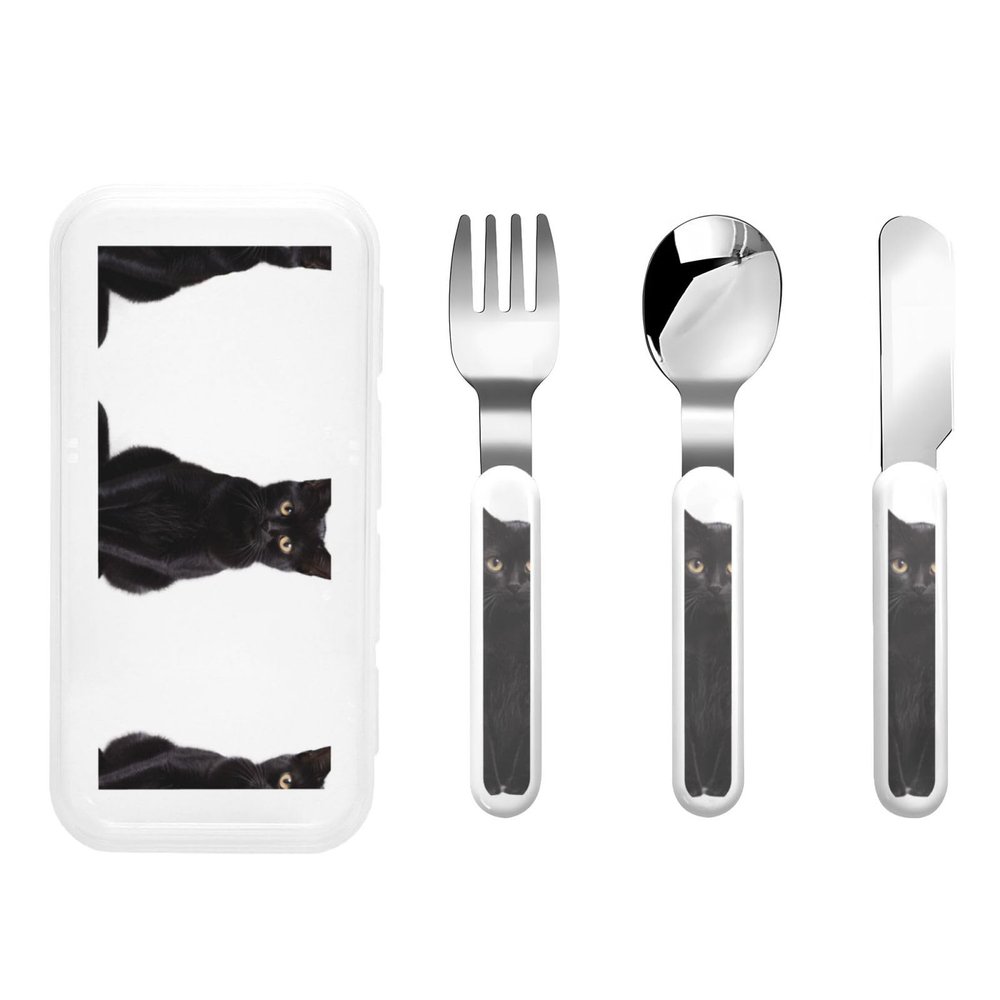 Good little black cat Kids Knife, Fork and Spoon 3-Piece Set, Stainless Steel Safe Cutlery Set, Outdoor Portable Reusable Cutlery