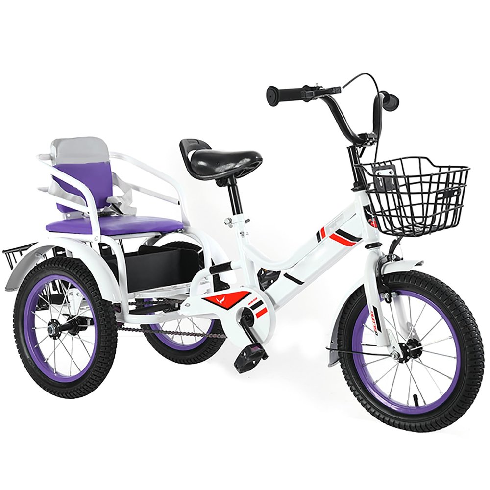 JIYIAN Purple,16 inches,Kids Tricycle for Ages 3-10 | Heavy-Duty Steel Twin-Seat Bicycle Extra-Deep Storage Basket and Under-Seat Compartment | Wide Anti-Slip Tires Smooth Bearings for Easy Riding