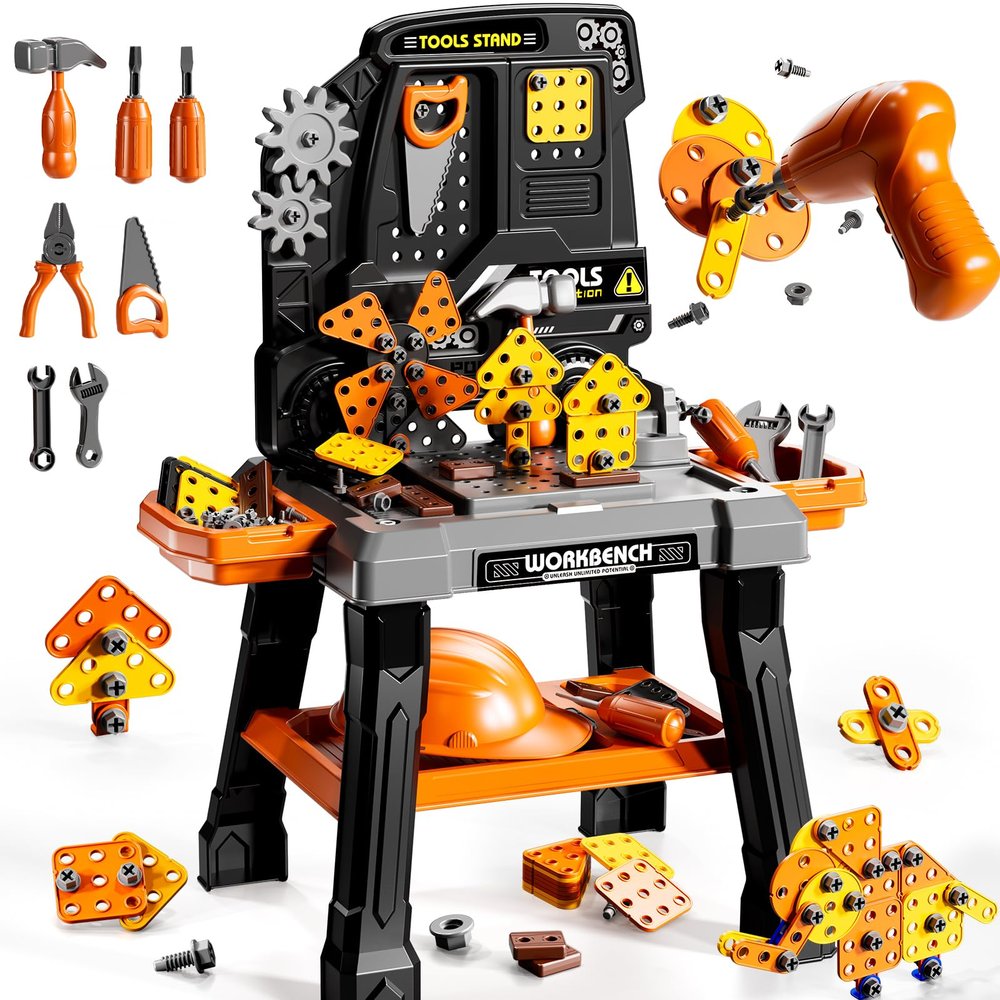KIZONLY Kids Tool Toy Playset with Electronic Drill Sound for Aged 3 4 5 6 7 8, Workbench Toys for Toddlers 3-5, Pretend Play Tool Box, Construction Mechanic Set, Birthday Gift for Boys Girls Ages 3-8