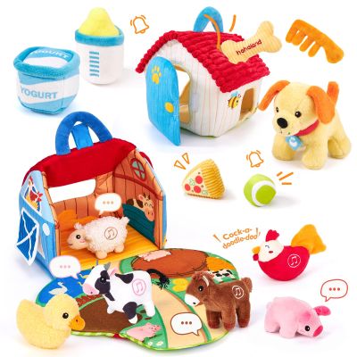 hahaland 2-in-1 Montessori Baby Toy Talking Farm Barn 6-12M + Puppy House 1Y+ for Shape Sorter, Pretend & Sensory Play
