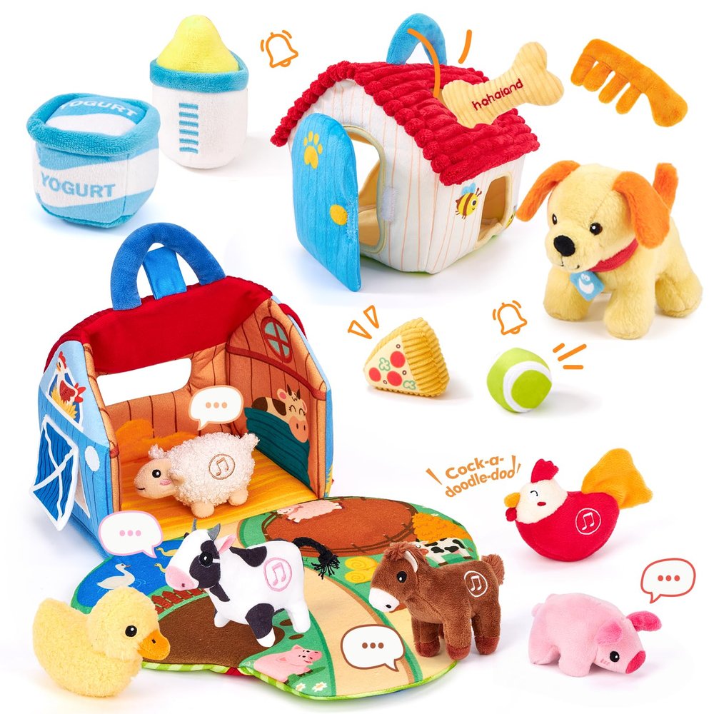 hahaland 2-in-1 Montessori Baby Toy  Talking Farm Barn 6-12M + Puppy House 1Y+ for Shape Sorter, Pretend & Sensory Play