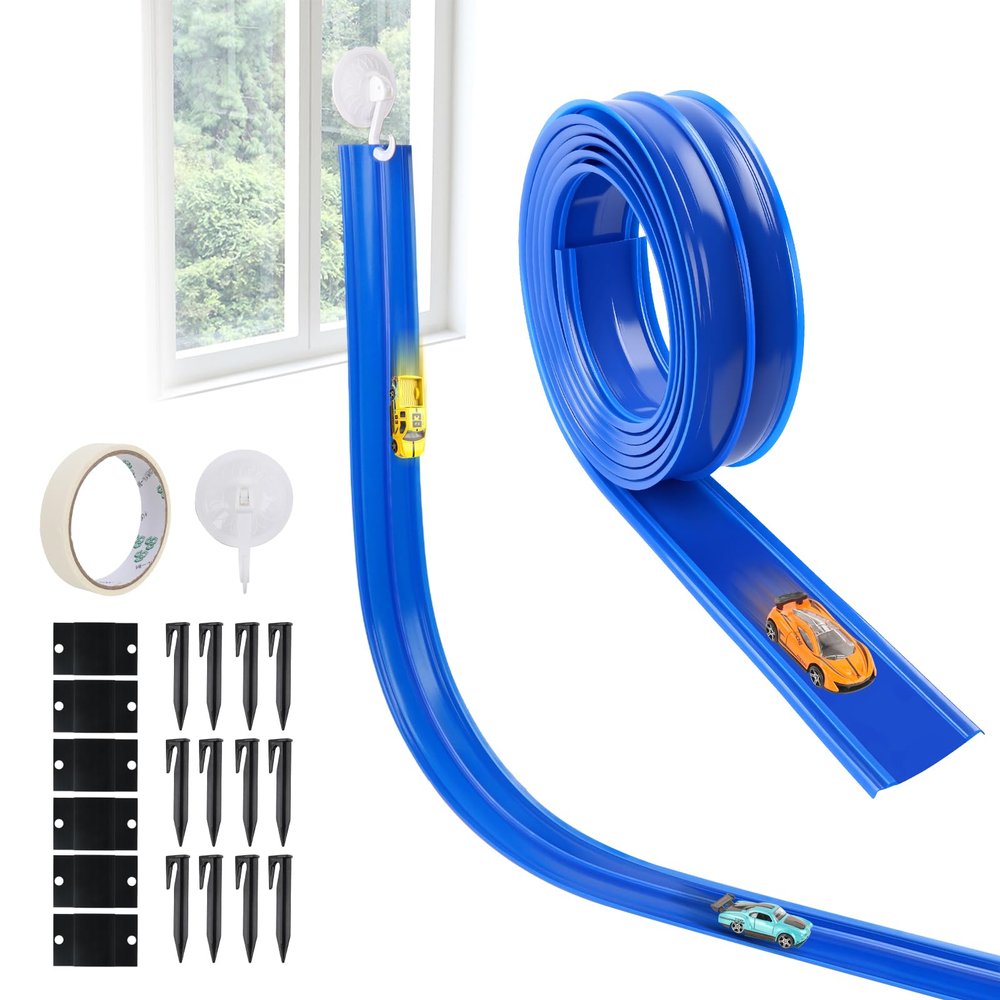 Flexible Race Track for Kids, 15FT Flex Track with Suction Cups, Ground Spikes & Hanging Rope for Wall/Window/Lawn Play, Compatible with Hot Wheels & 1:64 Cars (Blue)