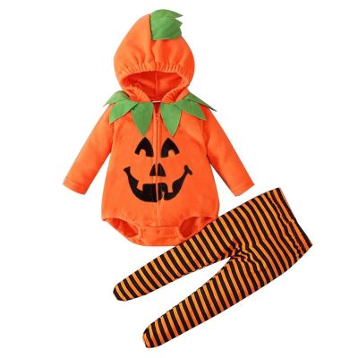 2 Piece Halloween Romper Pants Outfits for Toddler Towel Plush Zip up Devil Graphic Romper Striped (Orange, 0-3 Months)
