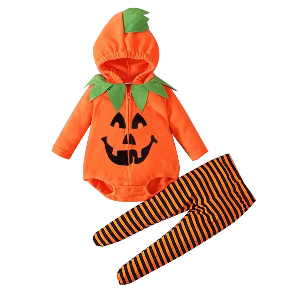 2 Piece Halloween Romper Pants Outfits for Toddler Towel Plush Zip up Devil Graphic Romper Striped (Orange, 0-3 Months)