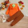 2 Piece Halloween Romper Pants Outfits for Toddler Towel Plush Zip up Devil Graphic Romper Striped (Orange, 0-3 Months) view 2