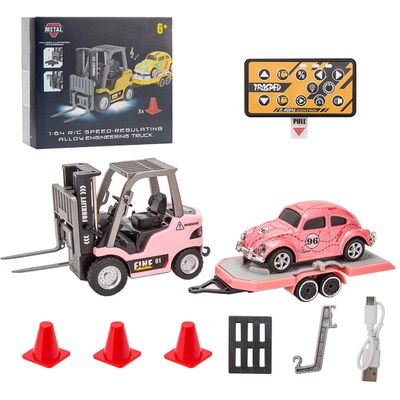 Xenotrix 1/64 Scale 2.4G Alloy RC Forklift Truck - Mini Construction Vehicle with Wireless Remote Control, Working Cargo Hook & Forks, Includes Pallet Accessories