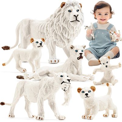 THINKBAY 6PCS White Lion Toys Figurines Pride, African Jungle Animals Lion Family, Realistic Zoo Animal Toys, Preschool Toy Birthday Gift Cake Toppers for Kids Boys Girls