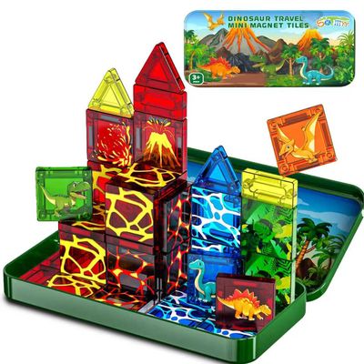 SKTMYY Mini Magnetic Tiles,Dinosaur Themed Travel Magnetic Tiles Set with Iron Box for Kids Ages 3+,Car Airplane Travel Essential,Educational Preschool Toys,Birthday Gifts