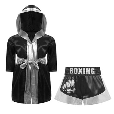 Aiihoo Boys Girls Boxing Outfit Long Sleeve Metallic Satin Open Front Robe with MMA Shorts for MMA Training Cosplay Black&Silver 10 Years