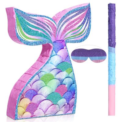 Pasimy Mermaid Piata with Blindfold and Stick Mermaid Tail Piata for Girls Under the Sea Ocean Theme Birthday Baby Shower Halloween Party Decorations Game Supplies, 16.14 x 12.20 Inch