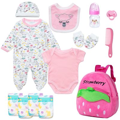 13 Pcs Set Reborn Baby Dolls Clothes Girl Outfit Accessories Pink Sheep Print for 17-22 Inch Reborn Dolls Newborn Girl with Pink Strawberry Backpack Diaper