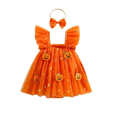 Baby Girl Halloween Clothes Pumpkin Romper Dress Smocked Tulle Skirt Lace Bodysuit Headband Cute Princess Outfit (A Orange Pumpkin, 3-6 Months)
