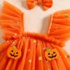 Baby Girl Halloween Clothes Pumpkin Romper Dress Smocked Tulle Skirt Lace Bodysuit Headband Cute Princess Outfit (A Orange Pumpkin, 3-6 Months) view 2