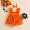 Baby Girl Halloween Clothes Pumpkin Romper Dress Smocked Tulle Skirt Lace Bodysuit Headband Cute Princess Outfit (A Orange Pumpkin, 3-6 Months) view 3