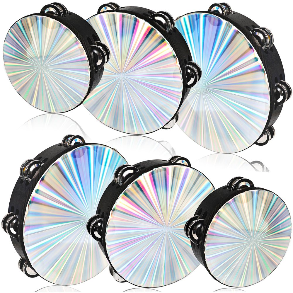 6 Pack Radiant Tambourine 6 8 10 Inch Reflective Tambourine with Double Row Jingle Bell Hand Held Drum Percussion Musical Instrumen for Adult Church Wedding Dance Party KTV