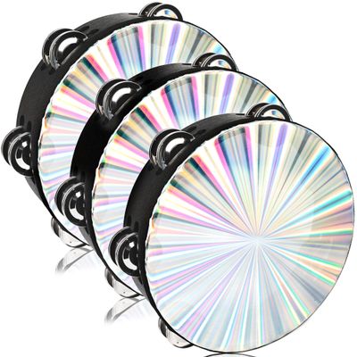 3 Pack Radiant Tambourine 8 Inch Reflective Tambourine for Adult with Double Row Jingle Bell Hand Held Drum Percussion Musical Instrumen Church Wedding Dance Party