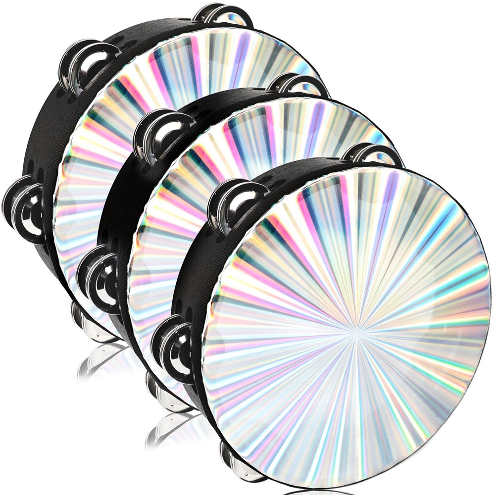 3 Pack Radiant Tambourine 8 Inch Reflective Tambourine for Adult with Double Row Jingle Bell Hand Held Drum Percussion Musical Instrumen Church Wedding Dance Party