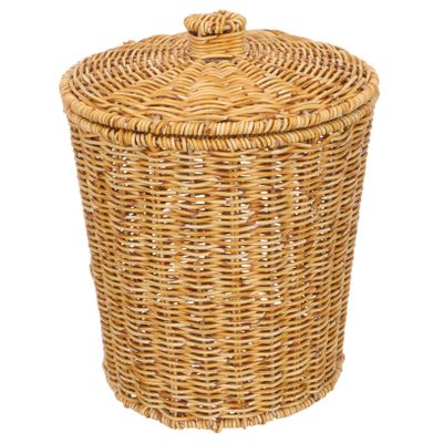 Sosoport Imitation Rattan Round Woven Laundry Basket with Lid Multi Purpose Sundries Storage Bin for Bathroom Bedroom Living Decorative Trash Woven Holder and Organizer