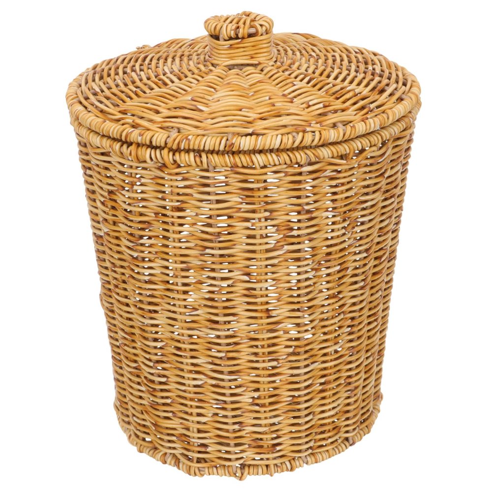 Sosoport Imitation Rattan Round Woven Laundry Basket with Lid Multi Purpose Sundries Storage Bin for Bathroom Bedroom Living Decorative Trash Woven Holder and Organizer