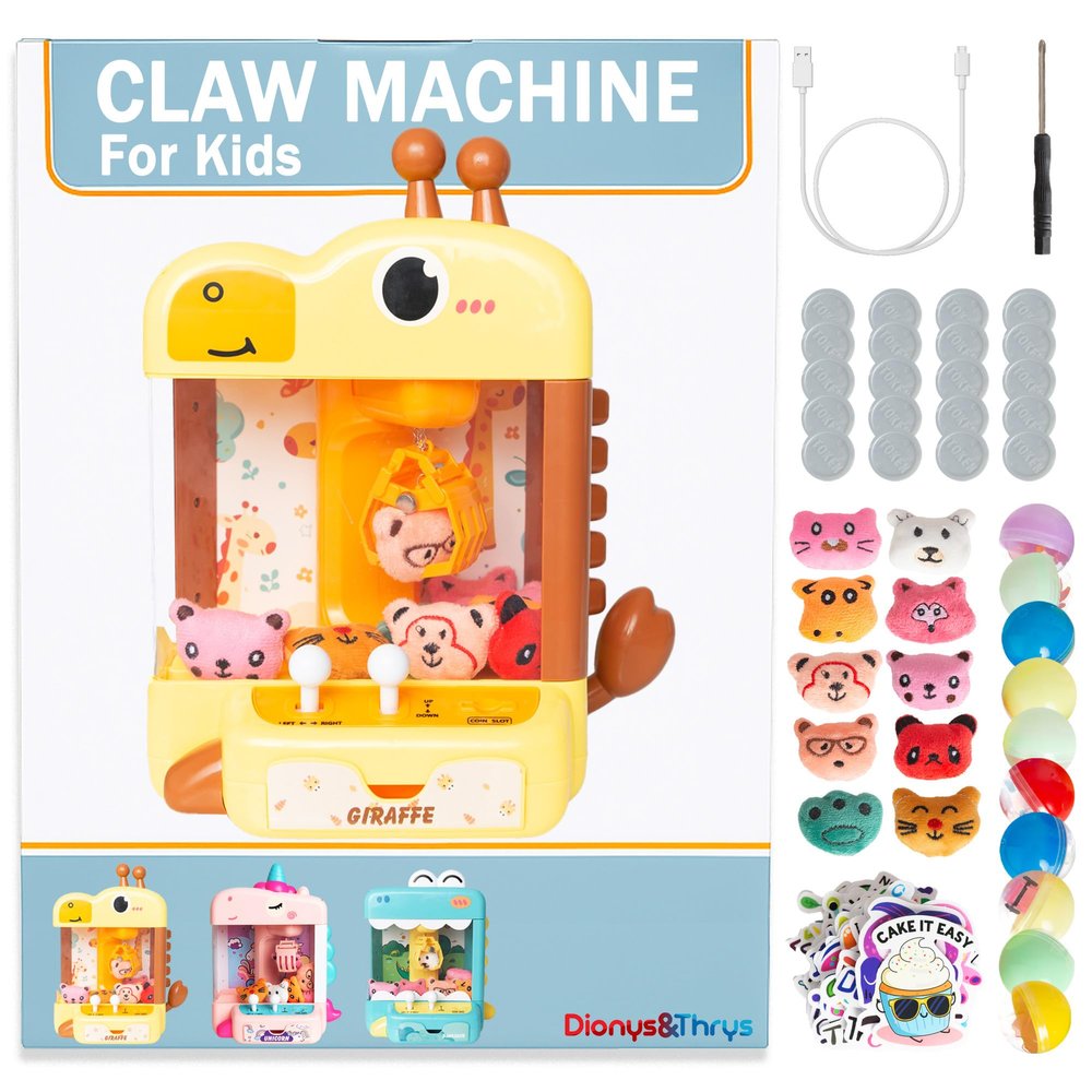 Claw Machine for Kids - Mini Arcade Game - Vending Machine - Candy Grabber Toys - Silent Mode, Lights, USB - Plush Toys & Easter Eggs, Surprise Stickers - Fun Gift for Kids, Boys & Girls (Giraffe)