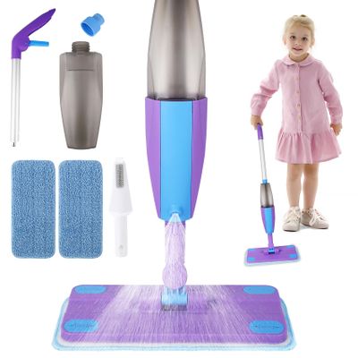 Kids Spray Mop, Real Working Toddler Cleaning Set with Water Sprayer & 2 Washable Mop Pads & Scraper, Pretend Play Montessori Housekeeping Toys Gifts for Toddlers Kids Girls Boys (Blue&Purple)