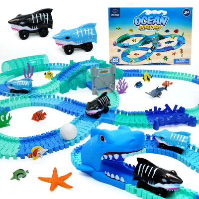 USA Toyz Ocean Race Tracks for Kids- 265pk Speedway Race Car Track Set with 225 Flexible Roads, 3 Shark Toy Cars, Tunnels, Bridges, Intersection, Sea Animals STEM Building Toy for Boys and Girls