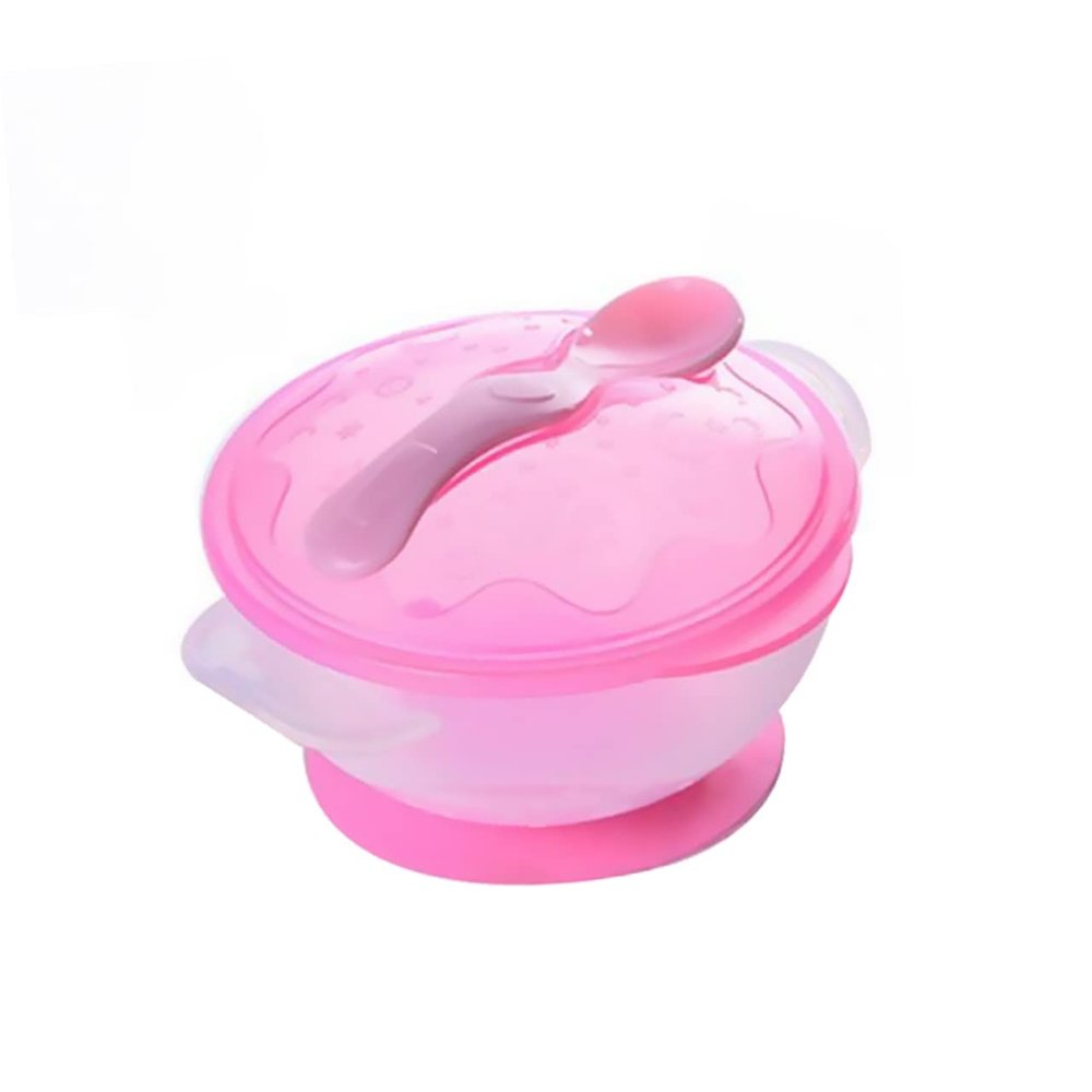 FRCOLOR Pink Suction Bowls Set with Spoon Spill Non Slip Solid Bowls Made of Lightweight Food Grade PP Small for Stable Table Use and Easy Fridge Storage