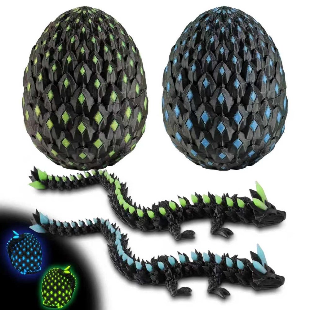 2PCS 3D Printed Dragon Glow, Mystery Dragon Egg Glow in The Dark, UV Reactive 3D Printer Articulated Animals Fidget Toy, Crystal 3D Print Dinosaur Toys for Boys Girls Home Decor